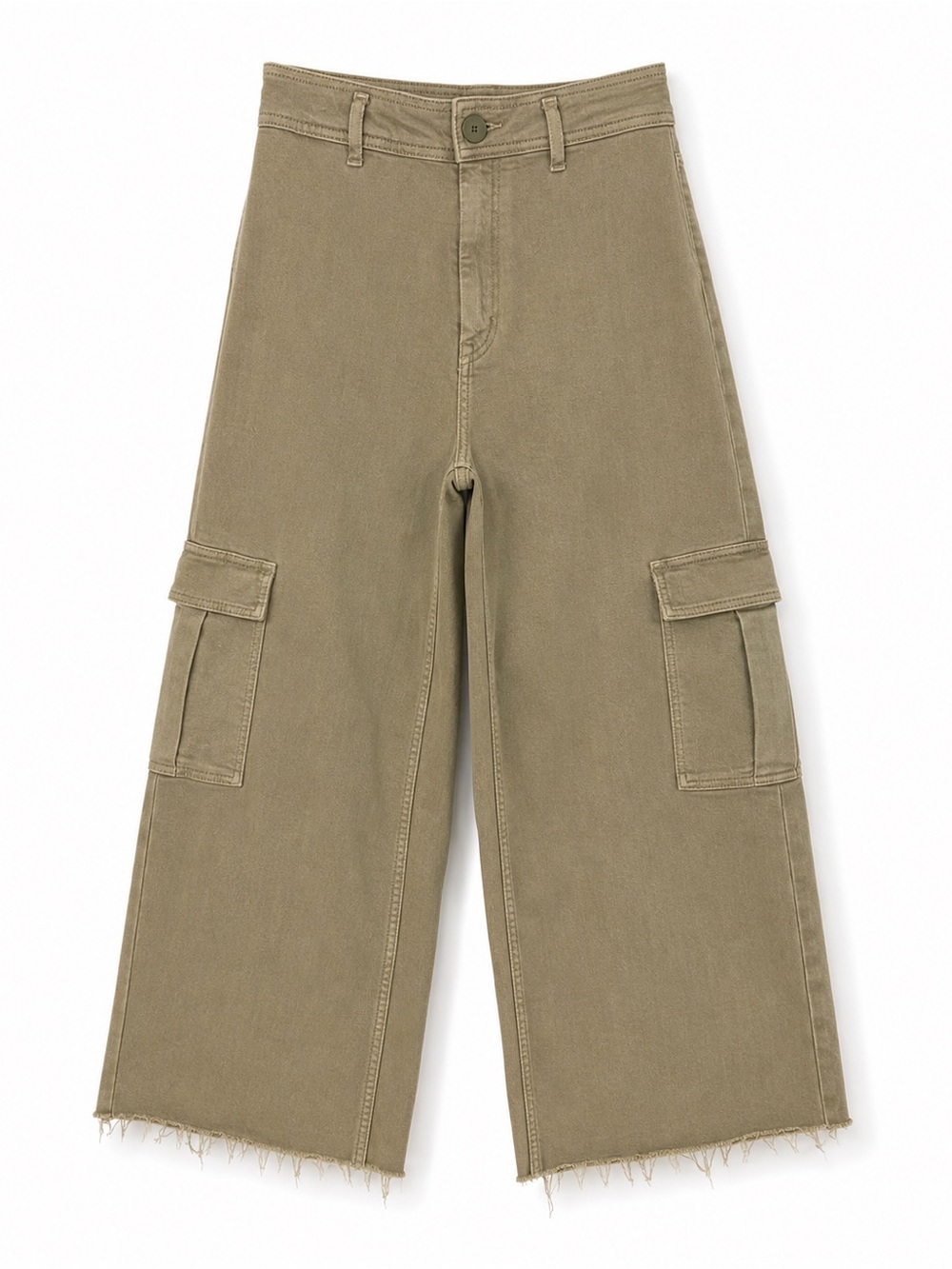 Zara High Rise Wide Leg Cargo Jeans US 6 Olive Khaki Raw Hem Utility
